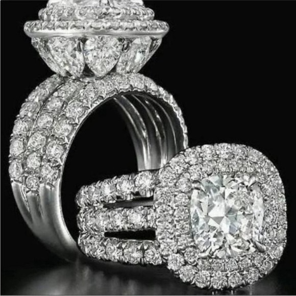 Show-Stopping Triple-Shank Cushion Cut Halo Engagement Ring Size 7,8,9 - Picture 1 of 7